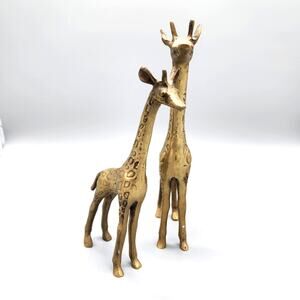 Vintage Solid Brass Figurines Standing Mother & Baby Spotted Giraffe Set